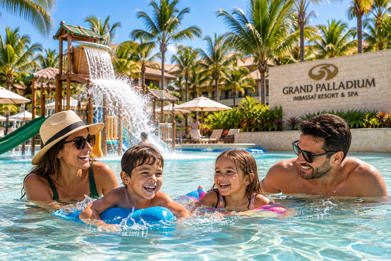Grand Palladium Imbassaí para Famílias com Crianças Família com crianças na área de lazer do Grand Palladium Imbassaí